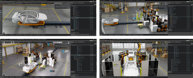 This image shows a grid of four screenshots of the 3D assembly line scenes rendered from various perspectives