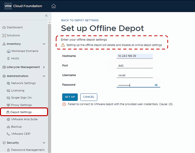 A screenshot demonstrating possibility to configure an offline update depot.