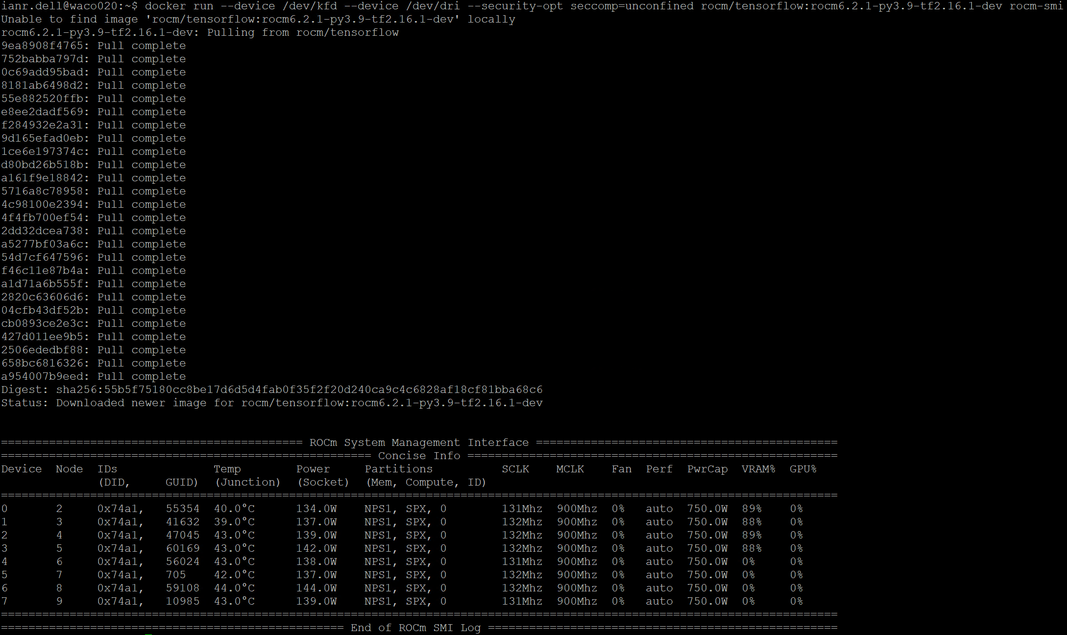 Output of previous testing command. Shows all GPUs and utilization.