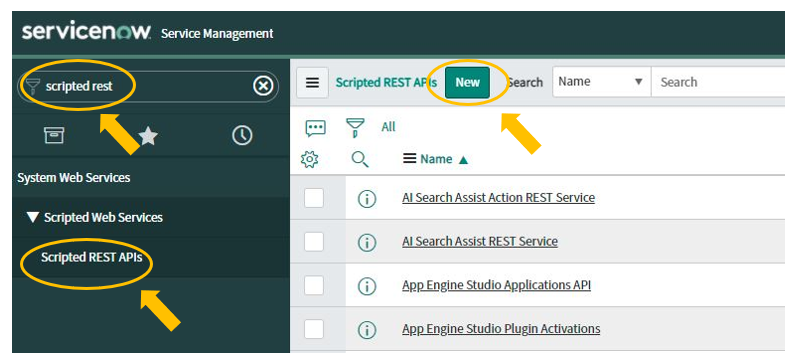 This screenshot shows the ServiceNow service management UI. In order to trigger the aforementioned services, you must search "scripted rest" in the UI, choose Scripted Rest APIs and then click 'New' in the banner.