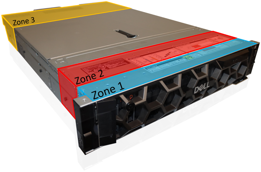 A Dell server chassis with labels indicating common venting locations 