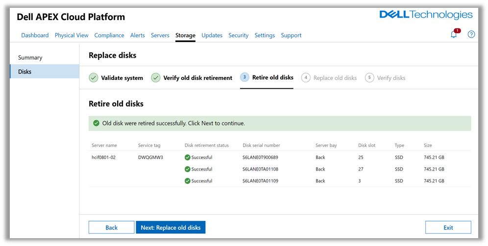 In this capture we can see from the Dell APEX Cloud Platform for Microsoft Azure integration in Windows Admin Center dashboard, how the final verifications has been successfully run, and the disks replaced.
