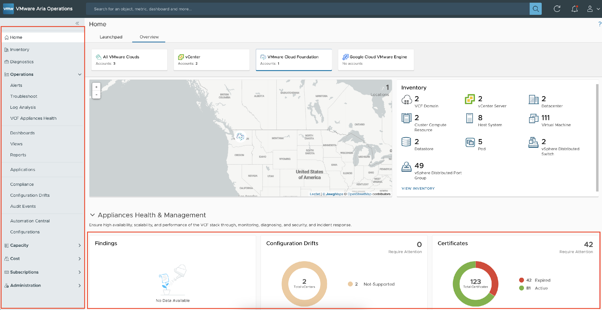 A screenshot of the new dashboard from VCF in Aria Operations.