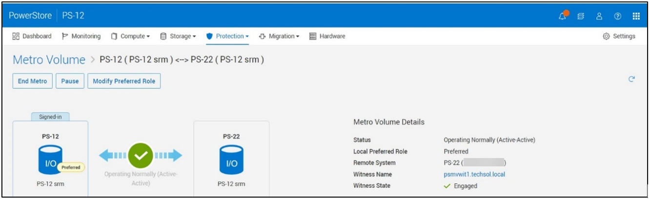This screen shot displays details about Metro Volume, which storage array is preferred, and the current status.