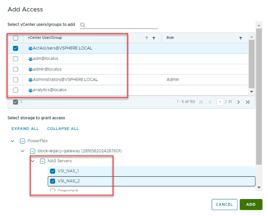 Dell VSI UI showing granular access control for PowerFlex NAS Servers