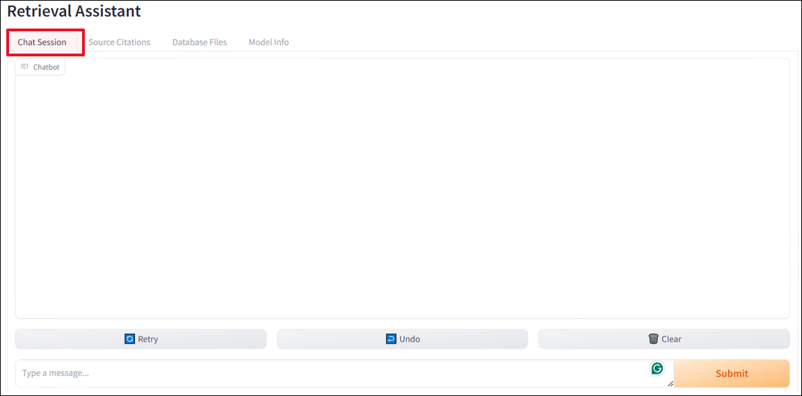 This diagram shows a user interface for the Retrieval Assistant application. It consists of a chat session window for user interaction, tabs including source citations, database files, model information, and buttons for retrying, undoing, clearing the chat, and submitting a new message. 