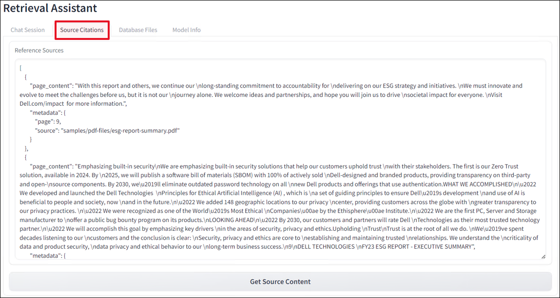 The figure shows the "Source Citations" tab of the Retrieval Assistant application, displaying reference sources in a JSON-like format. It includes detailed text excerpts from Dell's ESG report, metadata, and source information. There is a button labeled "Get Source Content" at the bottom of the interface, allowing users to retrieve more detailed source information.