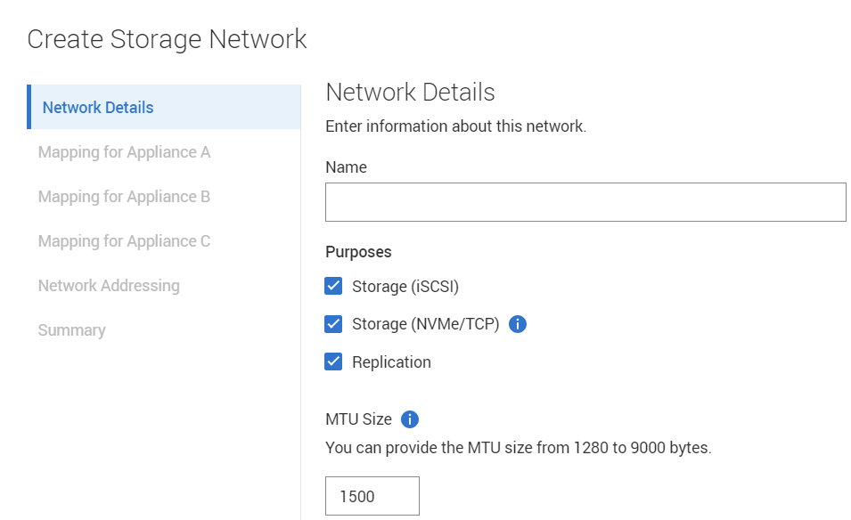 In the Create Storage Network wizard, the Network Details page has the Storage (iSCSI), Storage (NVMe/TCP), and Replication Purposes listed. Depending on the requirements of the new network, the user can select the required purposes.