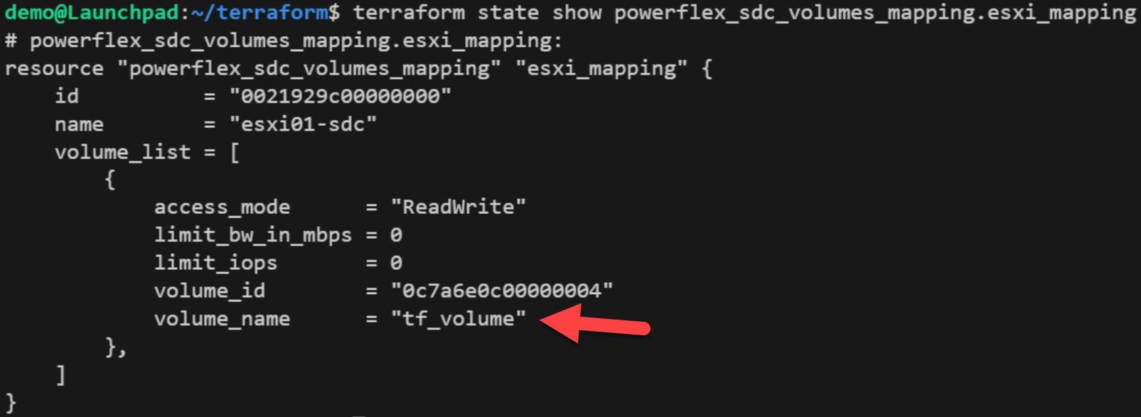 Showing the terraform apply with configuration results only showing the new volume and not the existing volume