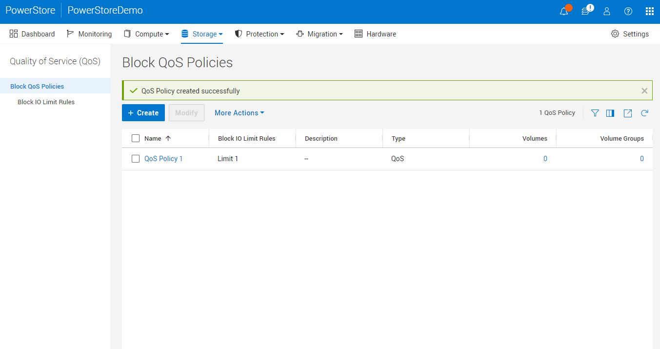 Image shows the QoS Policy page in the Dell PowerStore Manager 