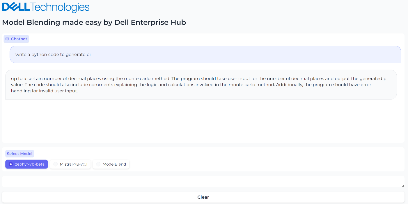 Figure 3: UI when the model Zerphy-7b-beta is selected and the inferencing results generated by Zephyr-7b-beta model for the prompt, “What is the python code to generate pi?”