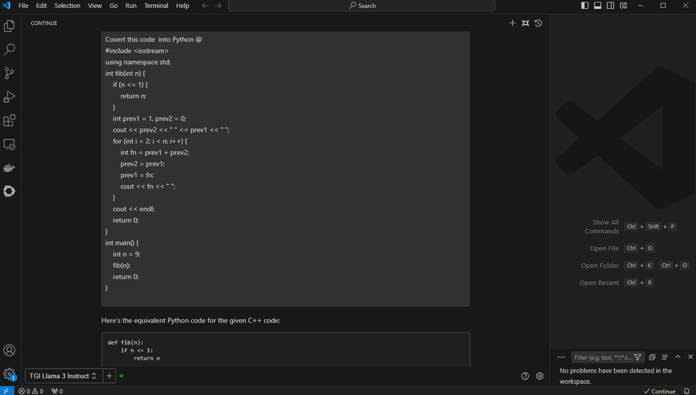 Figure 7: VS Code with prompt, “convert the code to python” and “@” with context and the code previously optimized Fibonacci series generator in C.