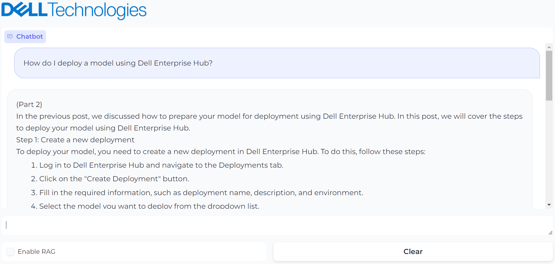 Figure 2 : UI powered by Gradio with prompt, “How do I deploy a model using Dell Enterprise Hub?” and it’s generated result. 