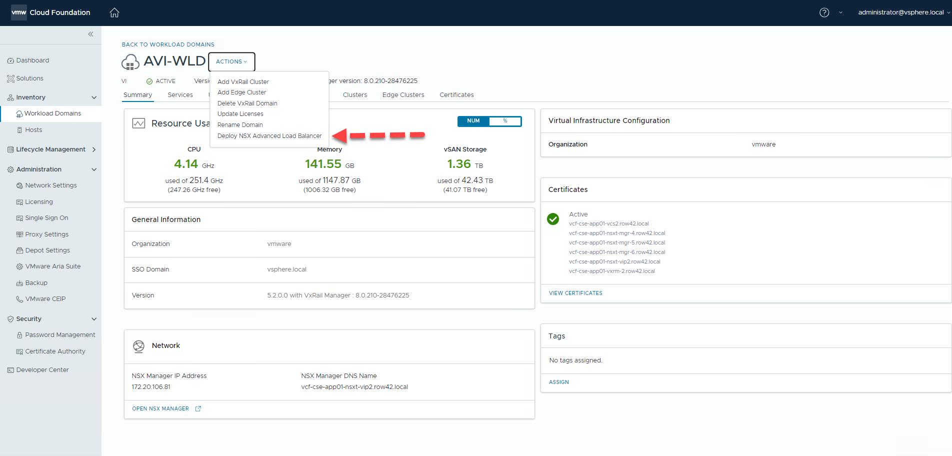 A screenshot demonstrating the option to deploy NSX Advanced Load Balancer from SDDC Manager UI.