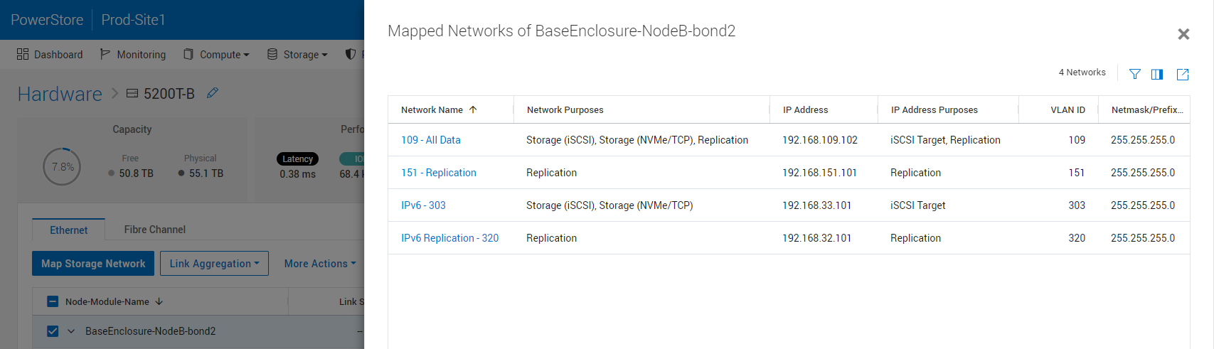 Screenshot of PowerStoreOS 4.0 Manager UI displaying new network capabilities in the release. I.E: Storage & Replication networks on user created LAGs. 