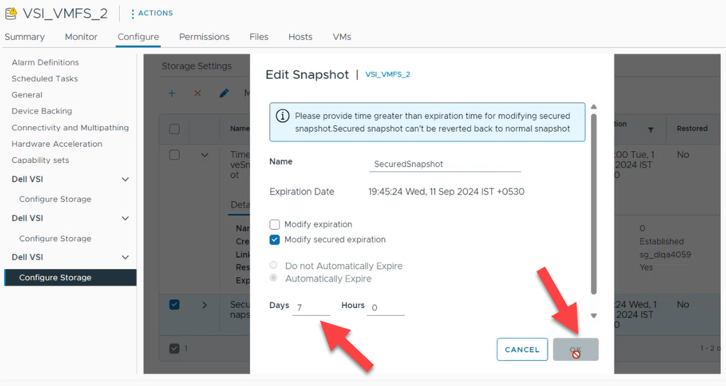 Screenshot of the VSI interface where the user is trying to decrease the expiration of a snapshot from 100 to 7 days, which it will not allow.