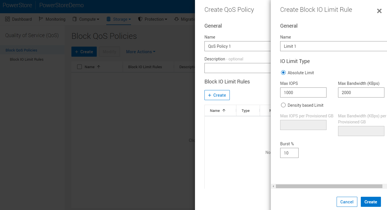 Image shows how to create a QoS Policy and Block IO limit rule in the Dell PowerStore Manager 