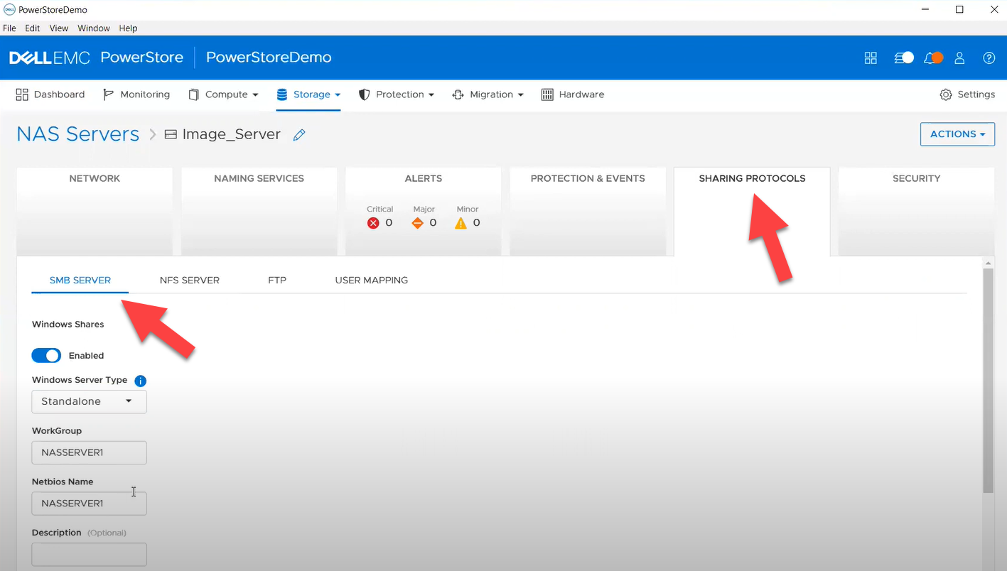 Showing the Sharing Protocols in the PowerStore UI that include the SMB Server tab