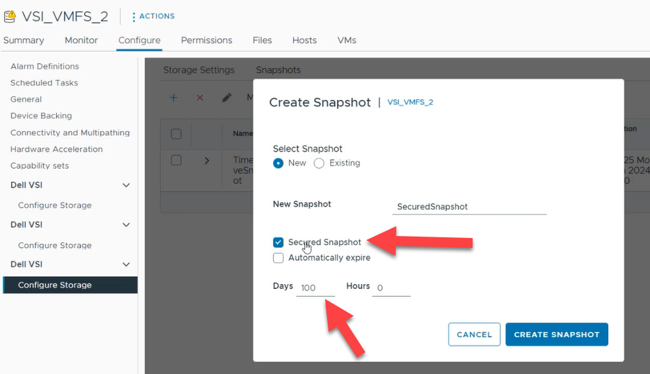 Going to Configure Storage > Snapshots, select Secured Snapshot and set the snapshot expiration in days and hours. This is a screenshot of the VSI UI