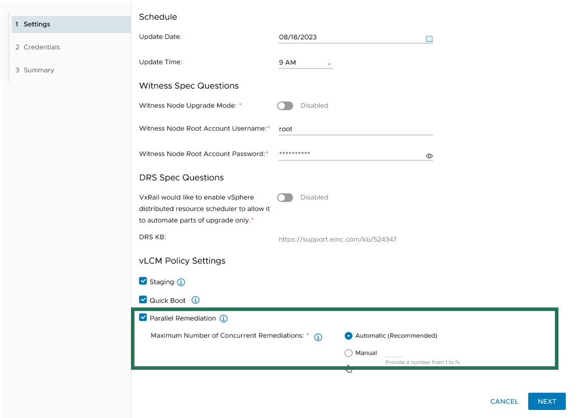 A screenshot of VxRail Update Manager highlighting the option to select parallel remediation, which gives sub options of automatically setting the maximum concurrent remediation setting or manually setting with an input.