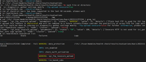 CLI screenshot showing a healthcheck warning that plain-text upload is used and is no longer a recommended option.