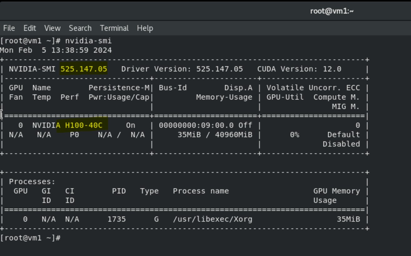 A terminal screenshot of command output displaying the H100-4C NVIDIA vGPU device attached to the VM, the NVIDIA and CUDA driver versions.