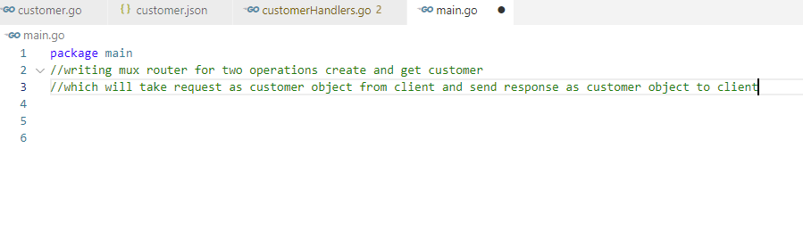 A screenshot of copilot prompt for creating a router for Get and Create customer operations in GO. All comments should begin with '//'