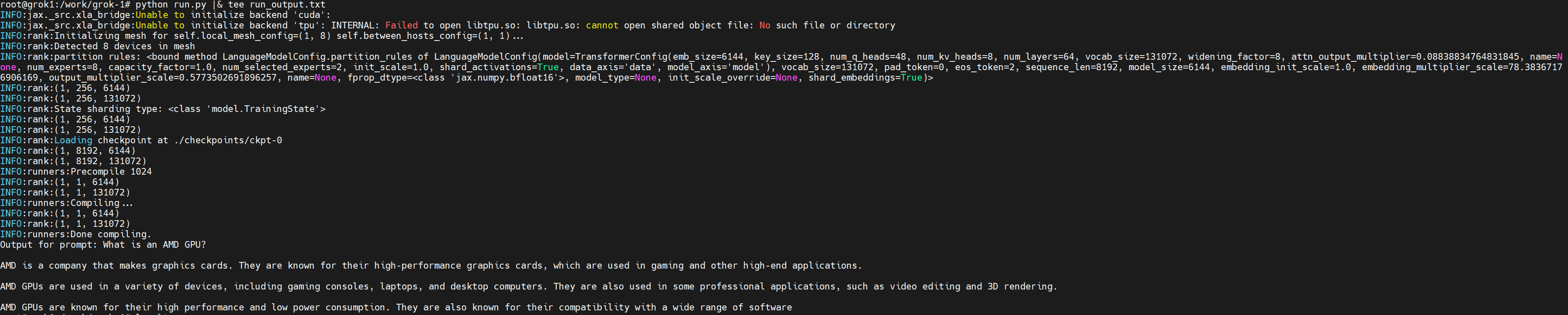 Code example of  output of the Grok-1 run on the PowerEdge XE9680 server