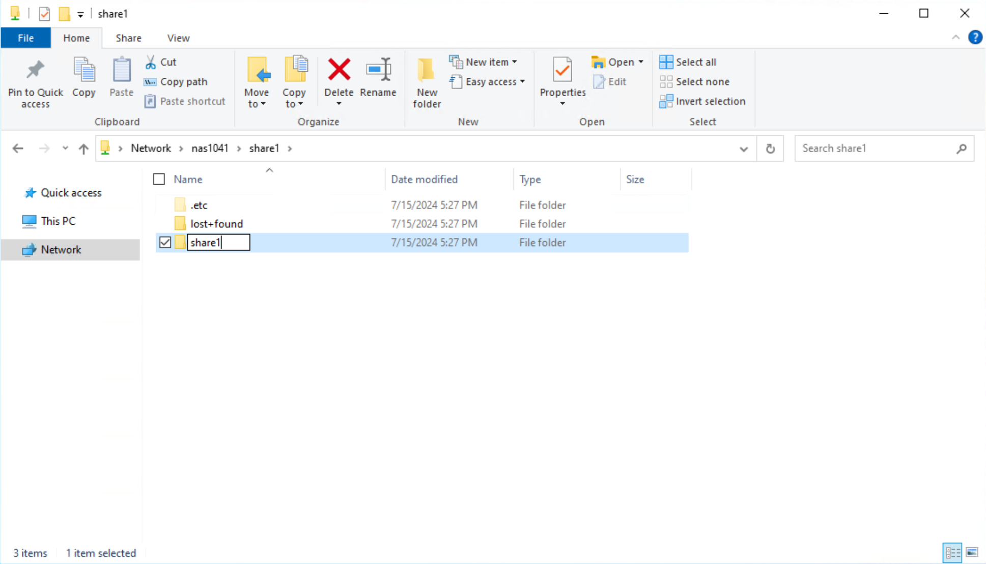 A screenshot showing the creation of the a subdirectory under the root of the file system on an SMB share.