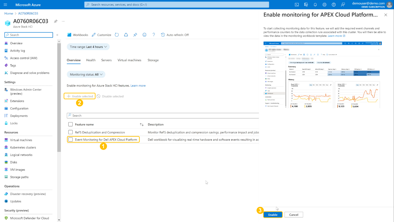 This figure displays the steps to enable our workbook in Azure Portal Insights: 1st: Select the Event Monitoring for Dell APEX Cloud Platform for Microsoft Azure workbook 2nd: Click Enable selected 3rd: Click Enable to enable the workbook