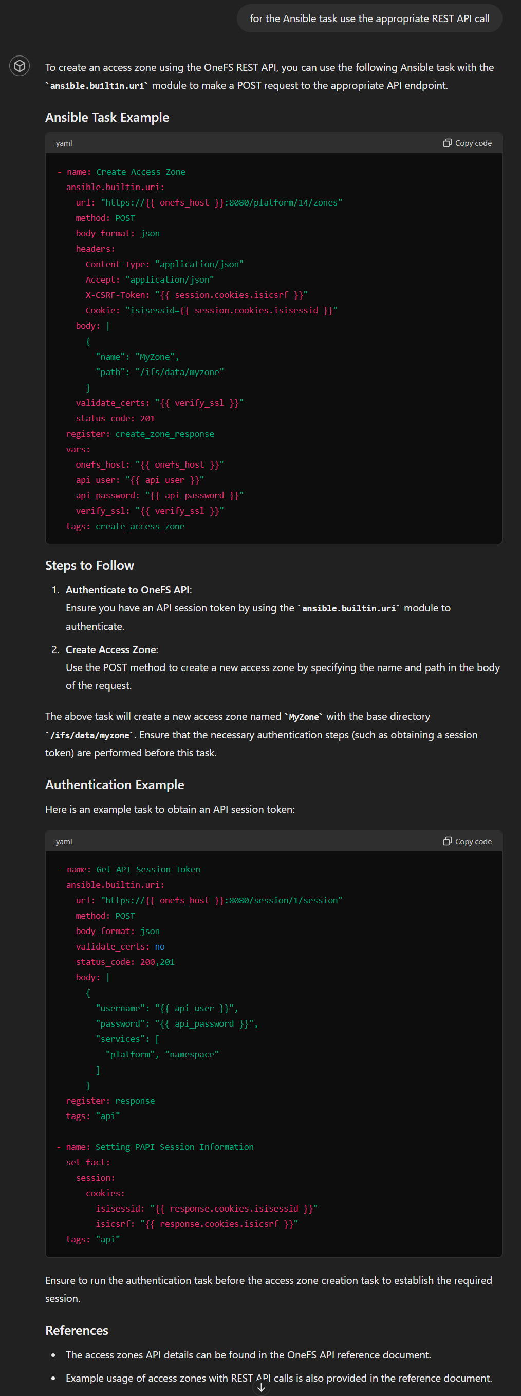 This image shows Custom GPT interaction specifying the REST API usage for the Ansible task.