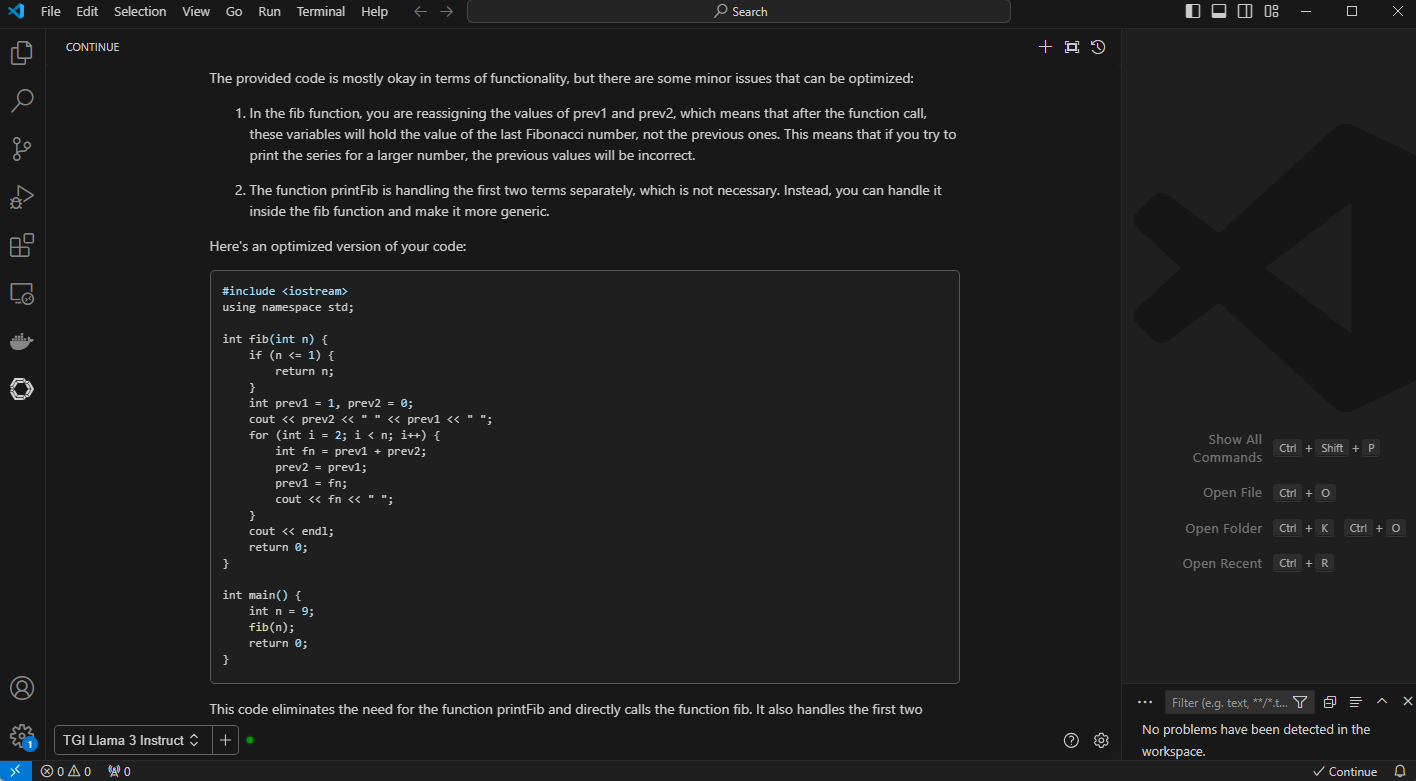 Figure 5: VS Code with generated output with optimized code and detailed explanation.