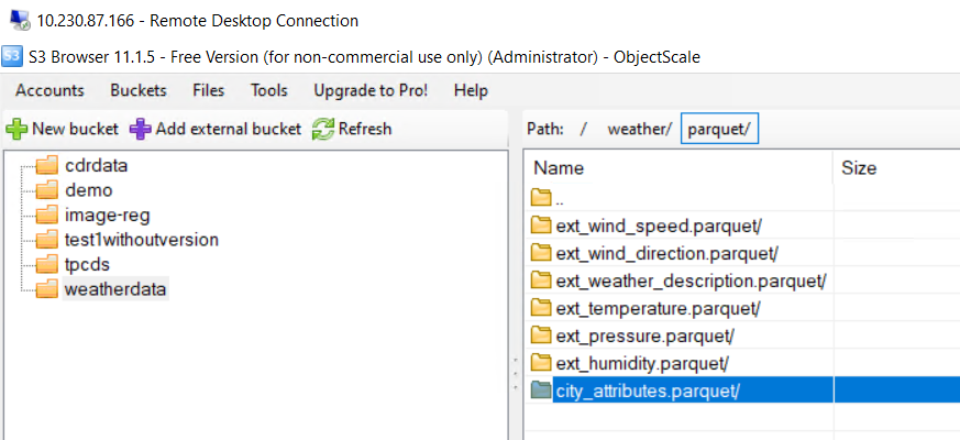 This is a dashboard of the S3 browser showing the results of the city_attributes file 