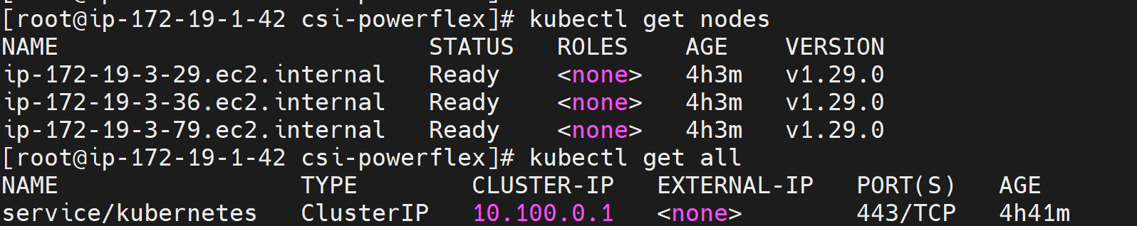 mage shows output from AWS admin VM for two commands one is listing EKS worker nodes(IP, status, version) and another is the EKS cluster IP. This is one way of verifying the EKS node 