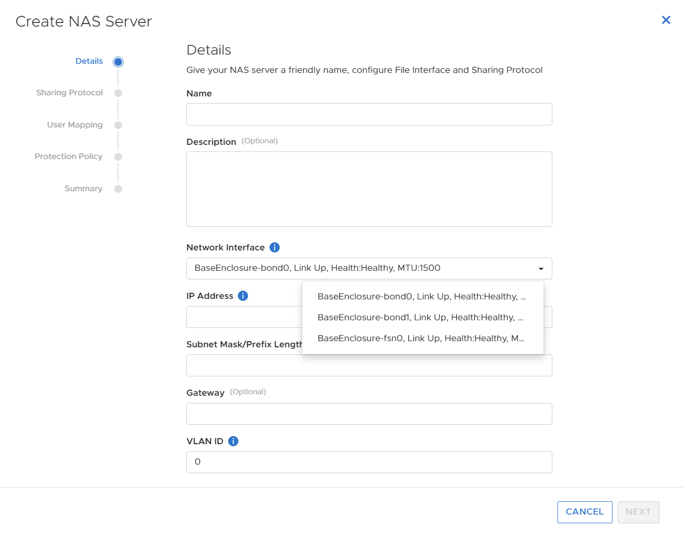 In the Create NAS Server wizard, the network Interface drop-down list only includes bonds and FSNs. Individual ports are not a supported selection. 