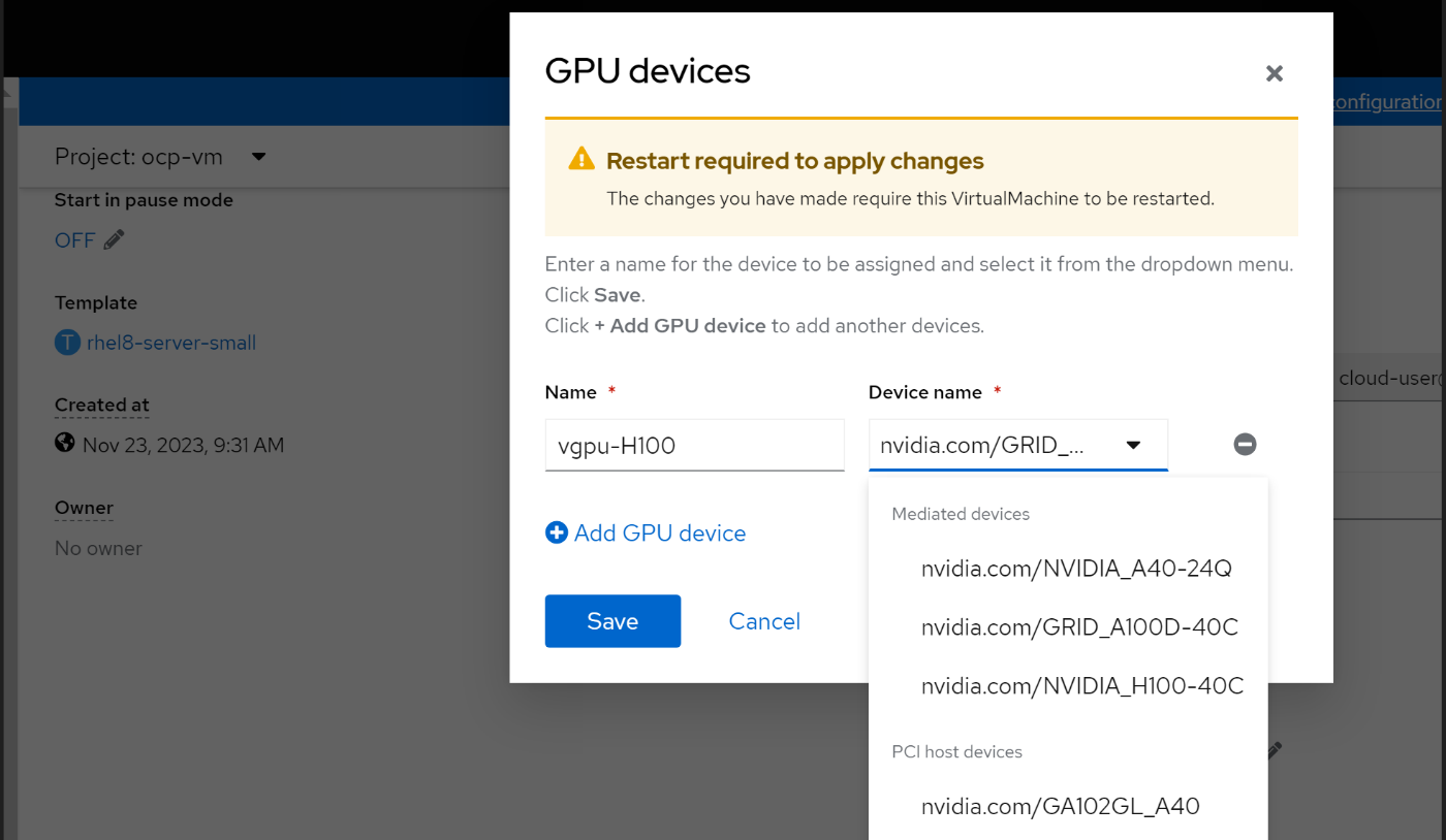 A screenshot depicting how one or more GPU/vGPU devices can be assigned to a VM on the OpenShift web console.