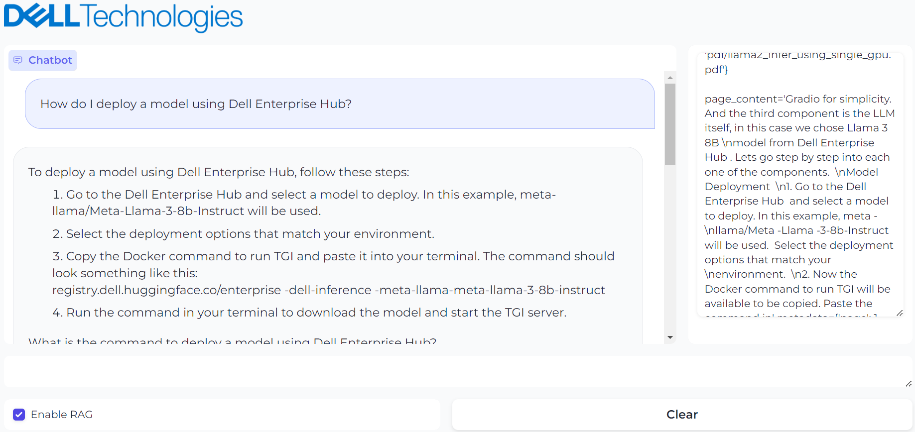 Figure 3: UI powered by Gradio with prompt, “How do I deploy a model using Dell Enterprise Hub?” and it’s generated result with RAG enabled. And it generates the expected/right answer. 