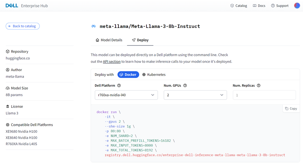 This image shows sample portal screen for deployment of the Llama 3 8B model on a Dell 760xa with L40S GPUs