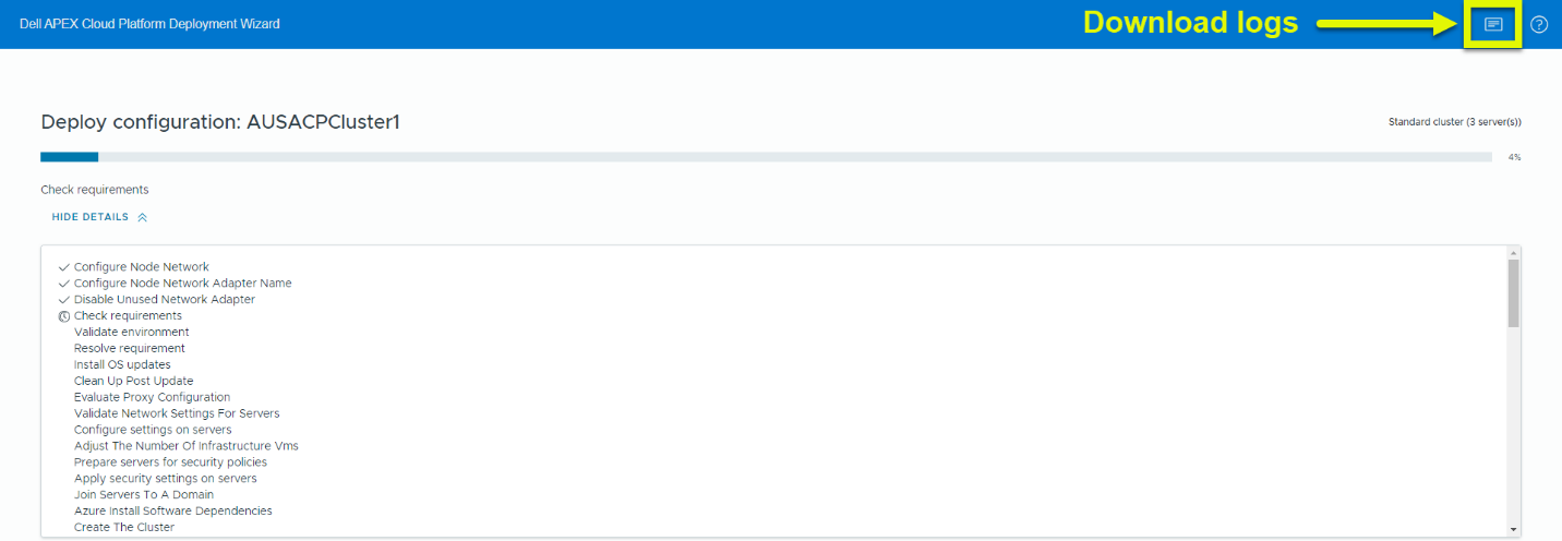 Download logs during Dell cluster configuration process