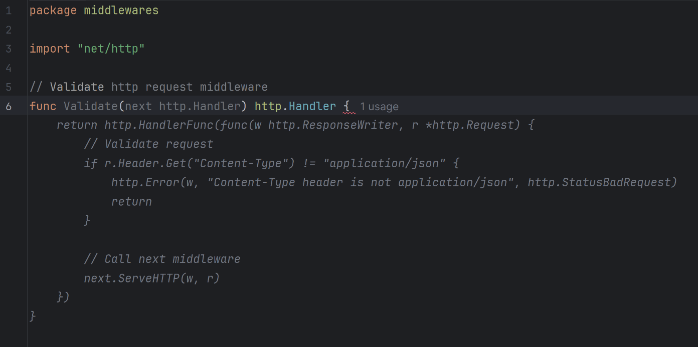 A screenshot of copilot prompt to generate snippet for HTTP request middleware.