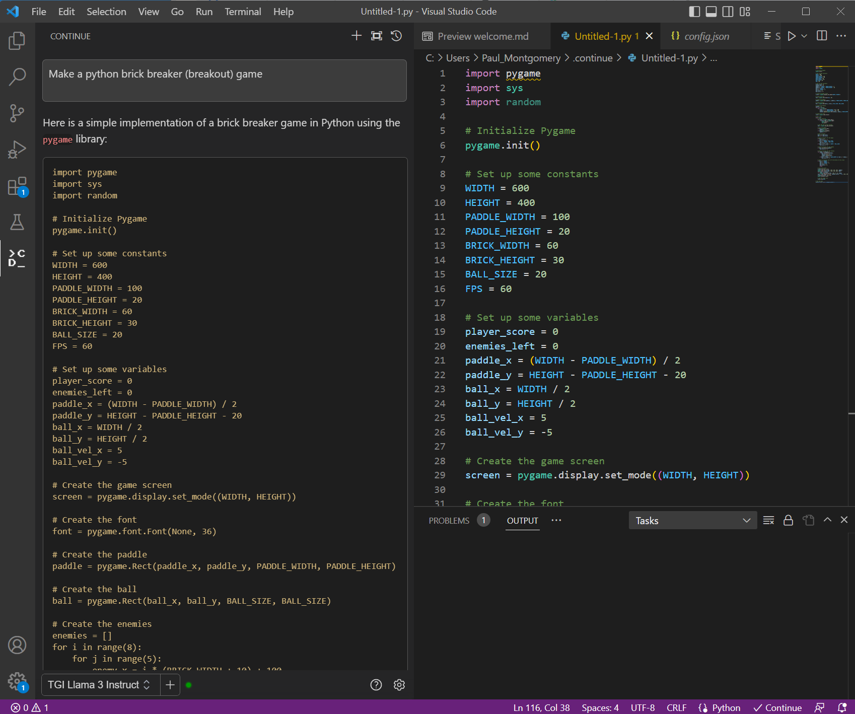 Figure 2: VS Code with prompt window on the left and generated code on the right. The prompt used here “Make a python back breaker (breakout) game.”  