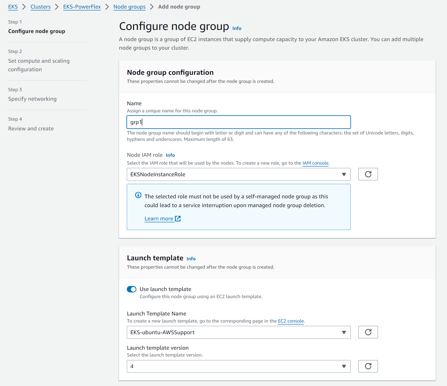 Image shows enabling Launch template option and the selection of the required template during EKS node group deployment.