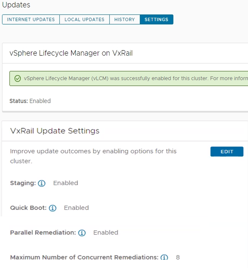 Screenshot of the VxRail update settings for the vLCM features. This shows that vLCM is enabled and that the staging, quick boot, parallel remediation settings are enabled. This also shows that the max number of concurrent remediations is set to 8.