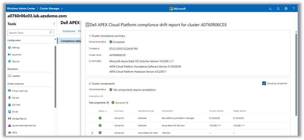 This figure shows the Dell APEX Cloud Platform integration in Windows Admin Center compliance dashboard. We can see that our Azure Stack HCI cluster is showing a Compliant state globally, and 78 components within it also show compliance