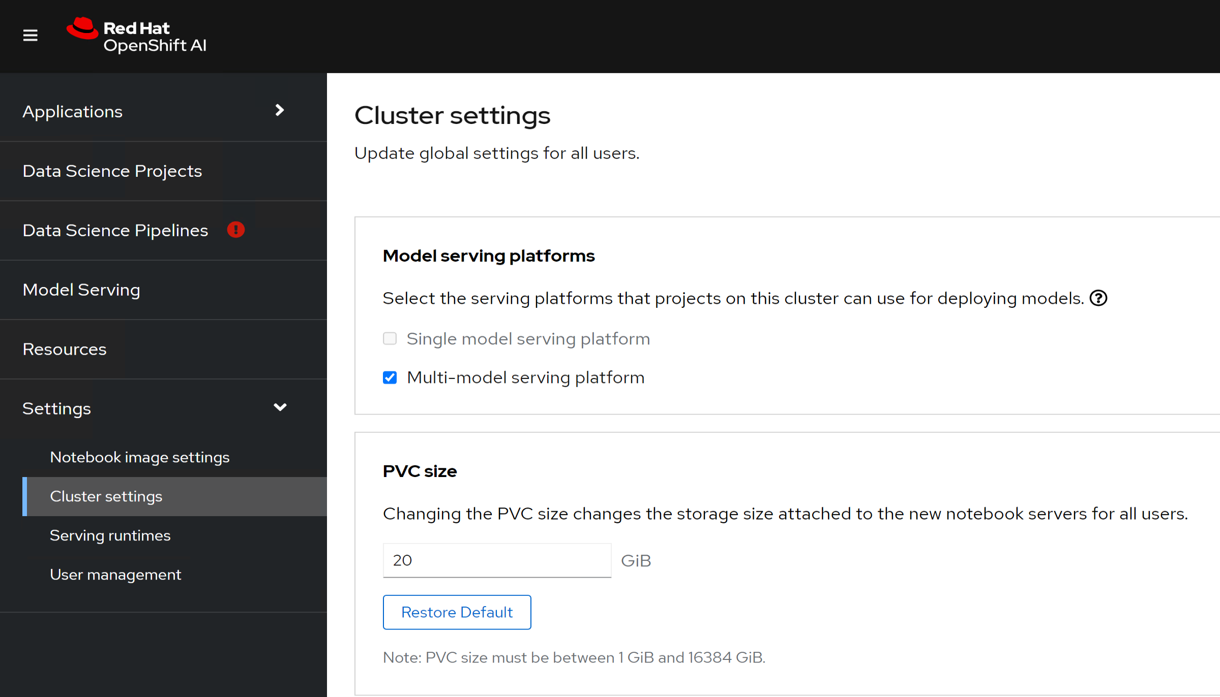 A console window displaying cluster settings for OpenShift AI.