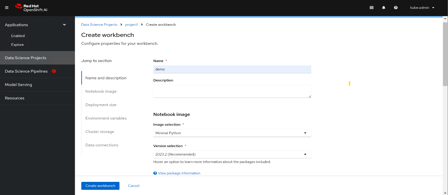 A screenshot showing the values you must enter to create a data science project workbench