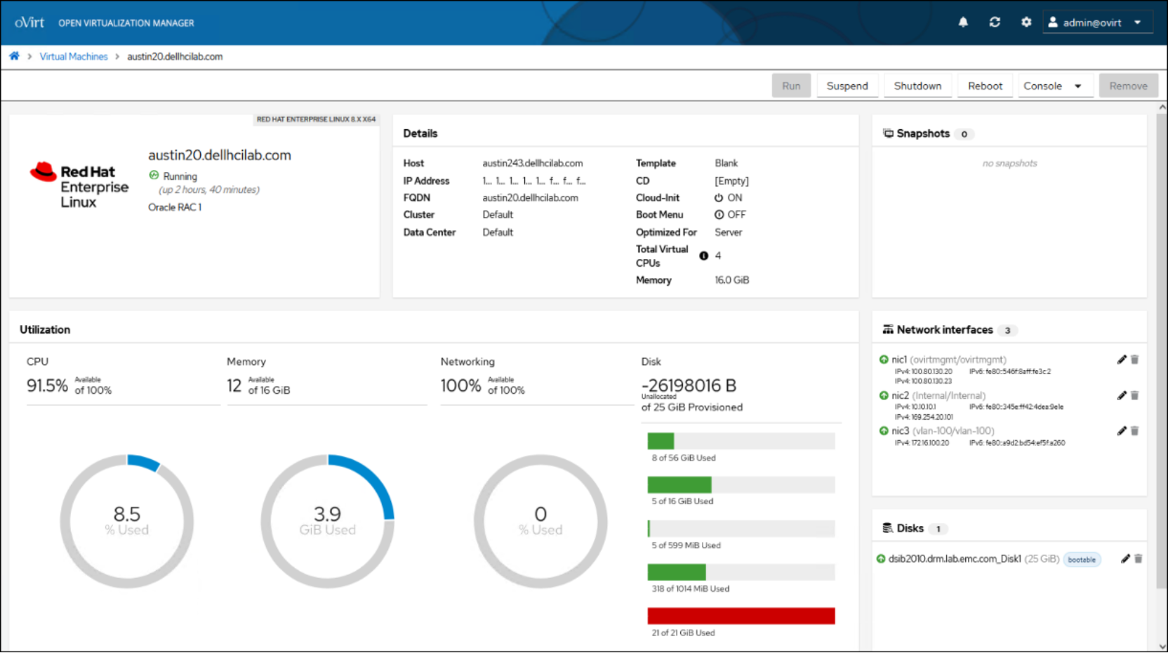 A screenshot of oVirt Open Virtualization Manager, showing the details of a particular VM.