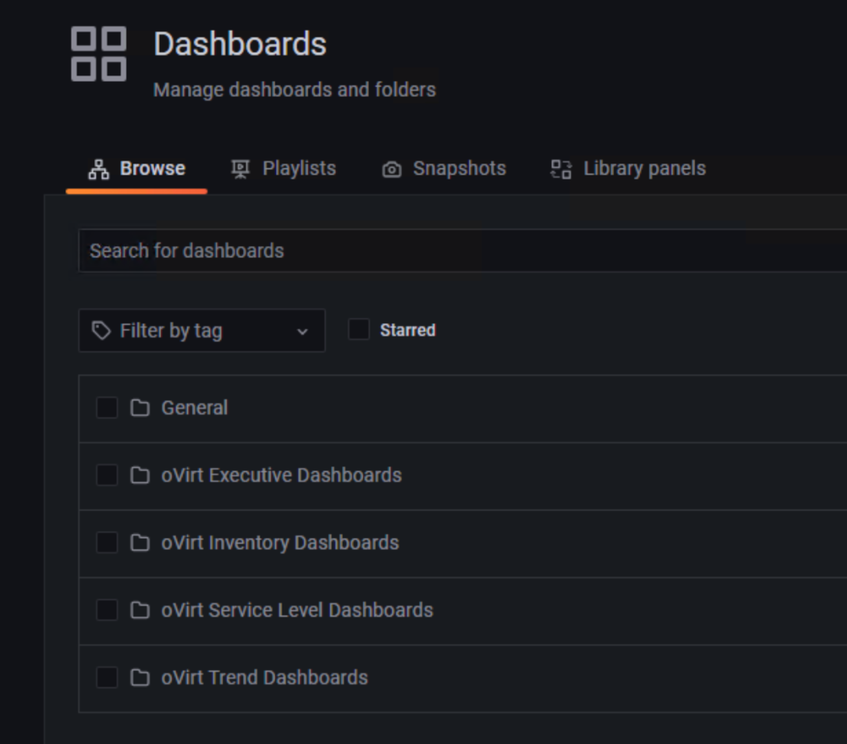 A screenshot showing the oVirt Dashboards screen.
