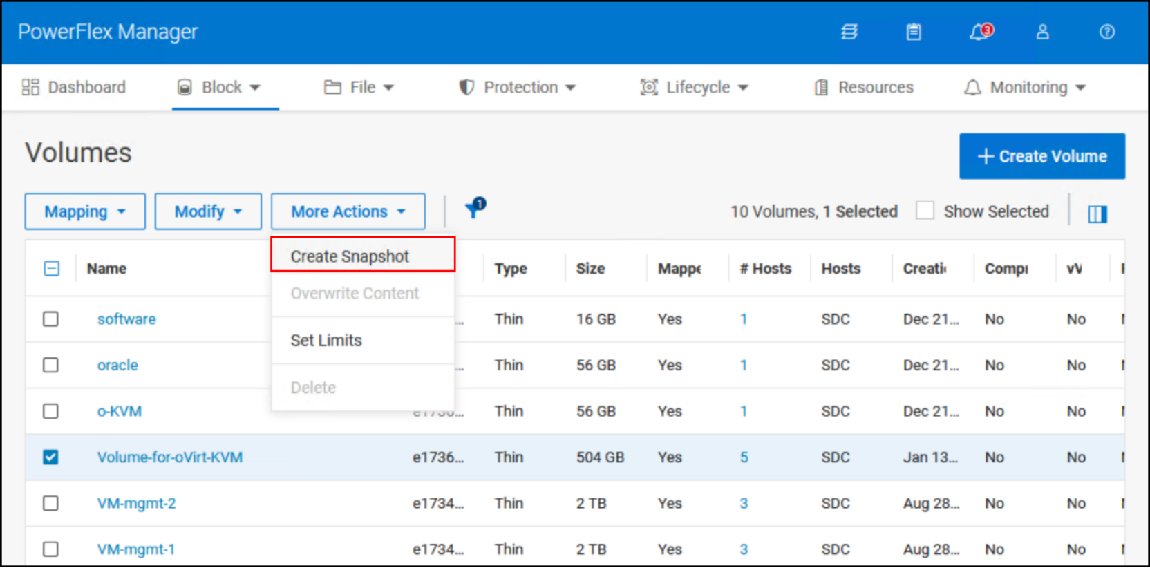 A screenshot showing how to create a snapshot in PowerFlex Manager.