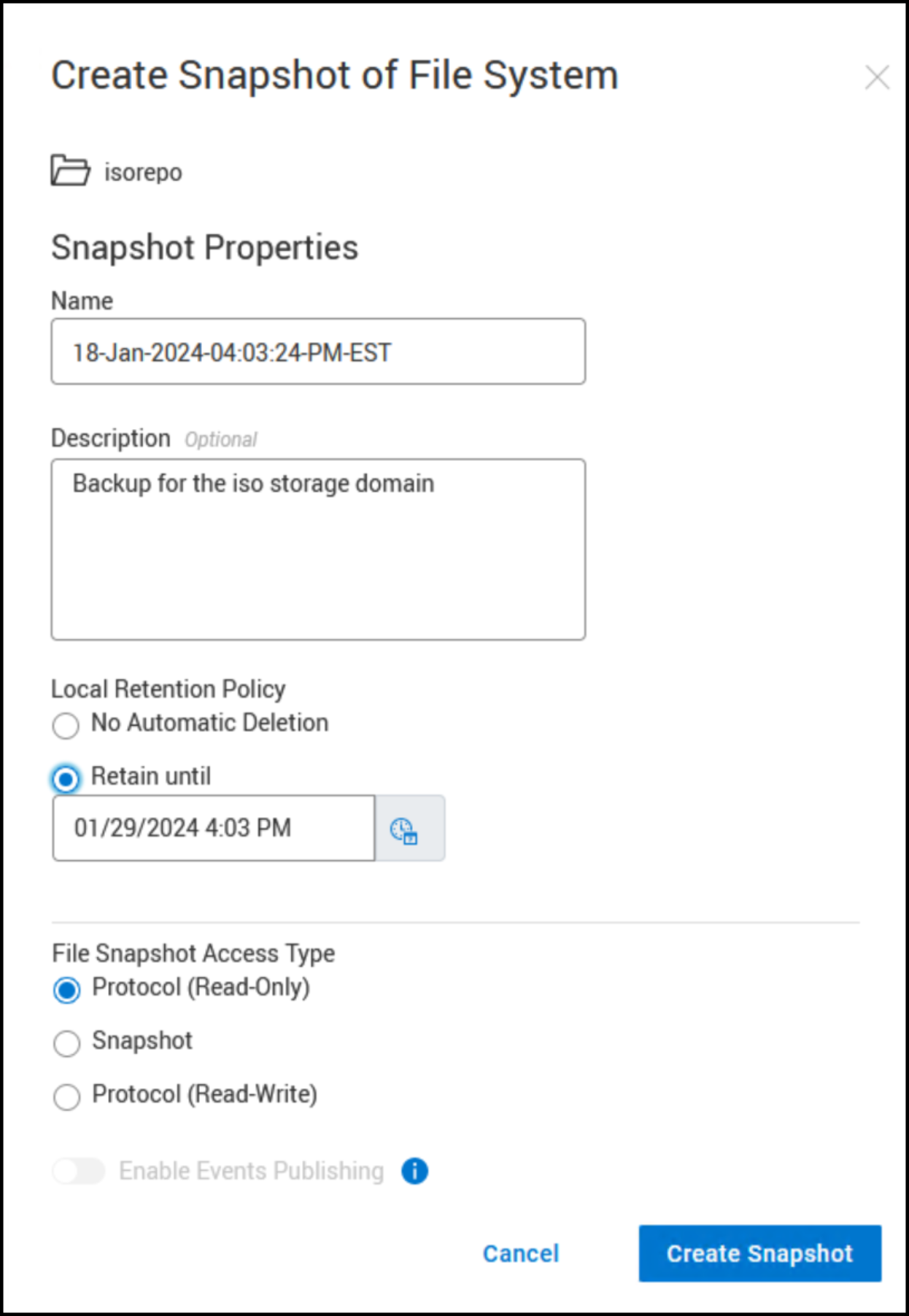 A screenshot showing how to select file system snapshot options.